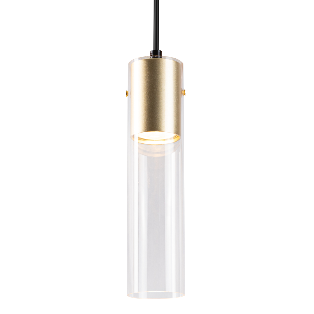Lampa wisząca Ricky z pojedynczym źródłem światła GU10, o cylindrycznym kształcie. Górna część w kolorze złotym, dolna przezroczysta. Zawieszona na czarnym kablu, w pozycji pionowej, z widocznym źródłem światła wewnątrz.