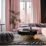 Czarna lampa wisząca Ricky z oprawą w złotym kolorze, zawieszona nad stołem w nowoczesnym wnętrzu. W tle widoczna różowa kanapa, roślina oraz zasłony, co tworzy przytulną aranżację.