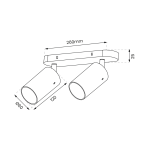 Lampa sufitowa Ricky w kolorze czarnym i złotym, z dwoma reflektorami GU10. Kształt cylindryczny, zamontowana na prostokątnej podstawie. Wymiary: długość 260 mm, średnica reflektora 60 mm, wysokość 25 mm.