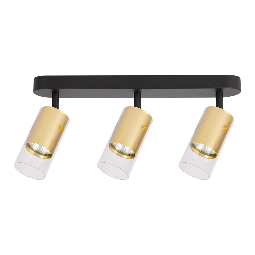Lampa sufitowa Ricky z trzema reflektorami GU10. Czarna podstawa z trzech złotych kloszy z przezroczystymi detalami. Ujęcie frontalne, wisząca konstrukcja, idealna do oświetlenia wnętrz.