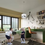 Lampa wisząca Piłka 1-30 z kloszem w białym kolorze, ozdobionym wzorem piłek nożnych, zawieszona na cienkim przewodzie. Widoczna w pokoju dziecięcym, obok bawiące się dzieci oraz meble w stonowanych kolorach.