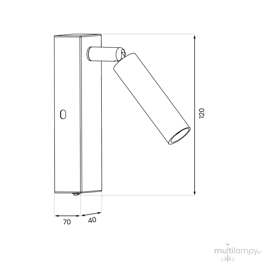 Kinkiet Santi w kolorze czarnym, z prostokątną podstawą o wymiarach 70x40 mm i cylindrycznym, ruchomym ramieniu o długości 120 mm, przeznaczony do żarówki G9. Montowany na ścianie, minimalistyczny design.
