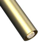 Kinkiet Santi w kolorze czarnym i złotym, w kształcie cylindrycznym. Widoczna żarówka G9 wewnątrz oprawy. Ujęcie z bliska, pod kątem, ukazujące fakturę złotego wykończenia.