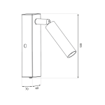 Kinkiet Santi w kolorze czarnym i złotym, z okrągłym kloszem w formie tuby, zamontowany na prostokątnej podstawie. Wymiary: wysokość 120 mm, szerokość 70 mm, głębokość 40 mm. Ujęcie frontalne, ukazujące kąt nachylenia klosza.