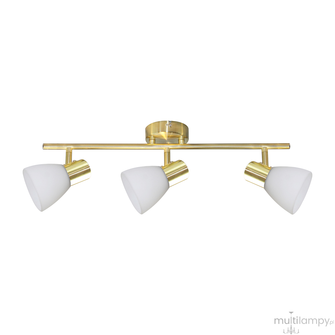 Lampa sufitowa Jota z trzema reflektorami E14, montowana na złotej listwie. Klosze w kształcie stożków wykonane z matowego białego szkła, ustawione pod kątem. Prosta, nowoczesna forma, idealna do różnych wnętrz.
