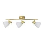 Lampa sufitowa Jota z trzema reflektorami E14, montowana na złotej listwie. Klosze w kształcie stożków wykonane z matowego białego szkła, ustawione pod kątem. Prosta, nowoczesna forma, idealna do różnych wnętrz.
