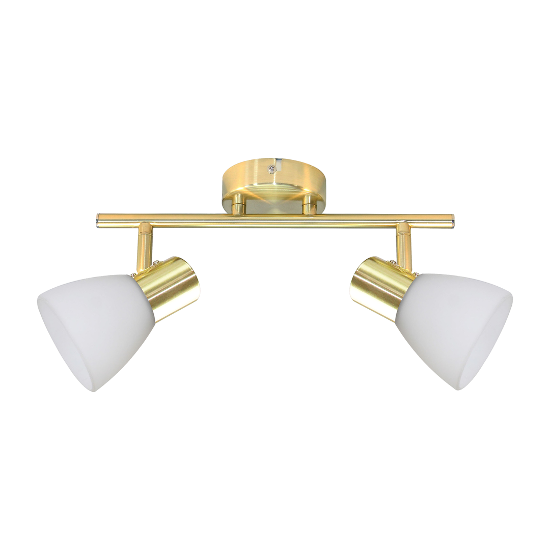 Lampa sufitowa Jota z dwoma reflektorami, w kolorze złotym i białym. Stalowa konstrukcja z matowymi kloszami w kształcie stożków. Ujęcie frontalne, zamontowana na suficie. Wymiary i detale mocowania niewidoczne.
