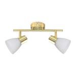 Lampa sufitowa Jota z dwoma reflektorami, w kolorze złotym i białym. Stalowa konstrukcja z matowymi kloszami w kształcie stożków. Ujęcie frontalne, zamontowana na suficie. Wymiary i detale mocowania niewidoczne.