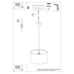 Lampa wisząca Piłka 2-40 w kolorze białym z miejscem na żarówkę E27. Produkt zawiera elementy montażowe oraz instrukcję. Widok z przodu, pokazujący konstrukcję lampy i sposób zawieszenia.
