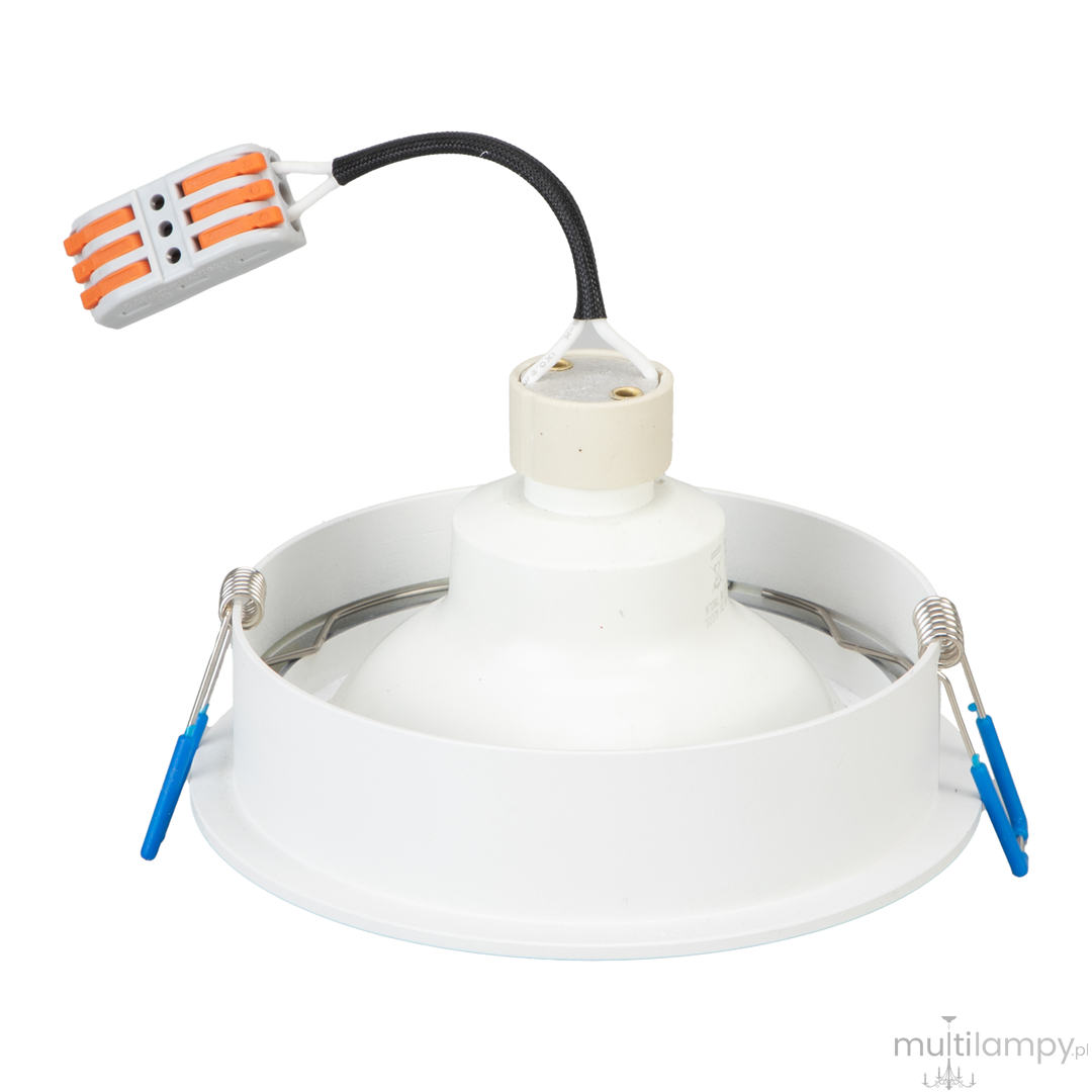 Oprawa do zabudowy Redondo 1xGU10 AR111 w kolorze białym, z metalowym kloszem o okrągłym kształcie. Widoczny uchwyt do montażu oraz przewód elektryczny z wtyczką. Ujęcie z boku, produkt stoi na płaskiej powierzchni.
