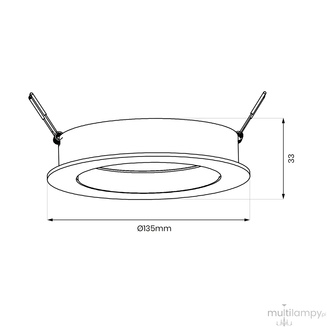 Oprawa do zabudowy Redondo 1xGU10 AR111 w kolorze białym, okrągła z średnicą 135 mm i wysokością 33 mm, z widocznymi zaczepami montażowymi. Produkt prezentowany z boku, ukazujący jego kształt i wymiary.