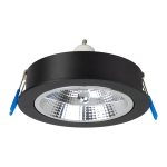 Oprawa do zabudowy Redondo 1xGU10 AR111 w kolorze czarnym. Okrągła konstrukcja z lustrzanym wnętrzem, metalowe mocowania w niebieskich kolorach. Zainstalowana żarówka GU10 (brak w zestawie). Ujęcie z góry, pokazujące detal mocowania.