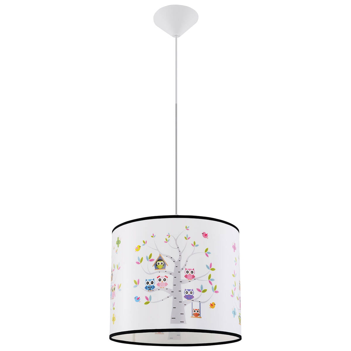 Lampa wisząca Sowa 40 z białym abażurem, zdobiona kolorowymi sowami na tle drzewa. Okrągły kształt z czarną lamówką, zawieszona na białym kablu. Pasuje do dziecięcych wnętrz, zapewniając przytulny klimat.
