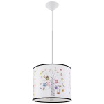 Lampa wisząca Sowa 40 z białym abażurem, zdobiona kolorowymi sowami na tle drzewa. Okrągły kształt z czarną lamówką, zawieszona na białym kablu. Pasuje do dziecięcych wnętrz, zapewniając przytulny klimat.