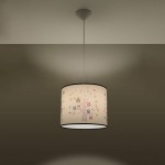 Lampa wisząca Sowa 40 z białym abażurem, ozdobiona kolorowymi motywami sów i drzew. Posiada czarną krawędź, zawieszona na cienkim, białym przewodzie. Idealna do dziecięcego pokoju, tworzy przytulną atmosferę.