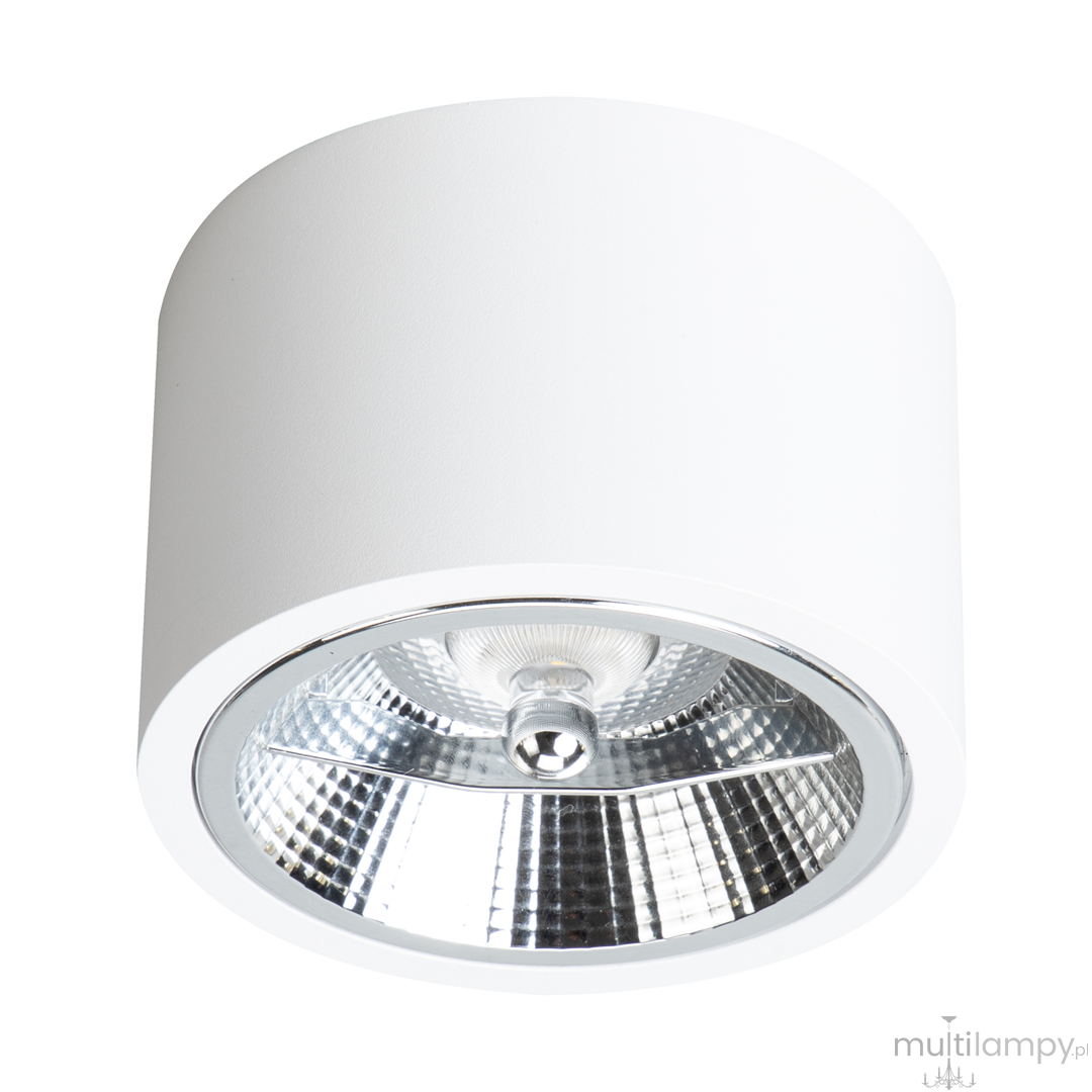 Lampa sufitowa Redondo w kolorze białym, z okrągłą obudową, przeznaczona na żarówkę GU10 AR111. Widoczna reflektoryzowana czasza z metalicznym wykończeniem, montowana na suficie, prezentowana z góry.