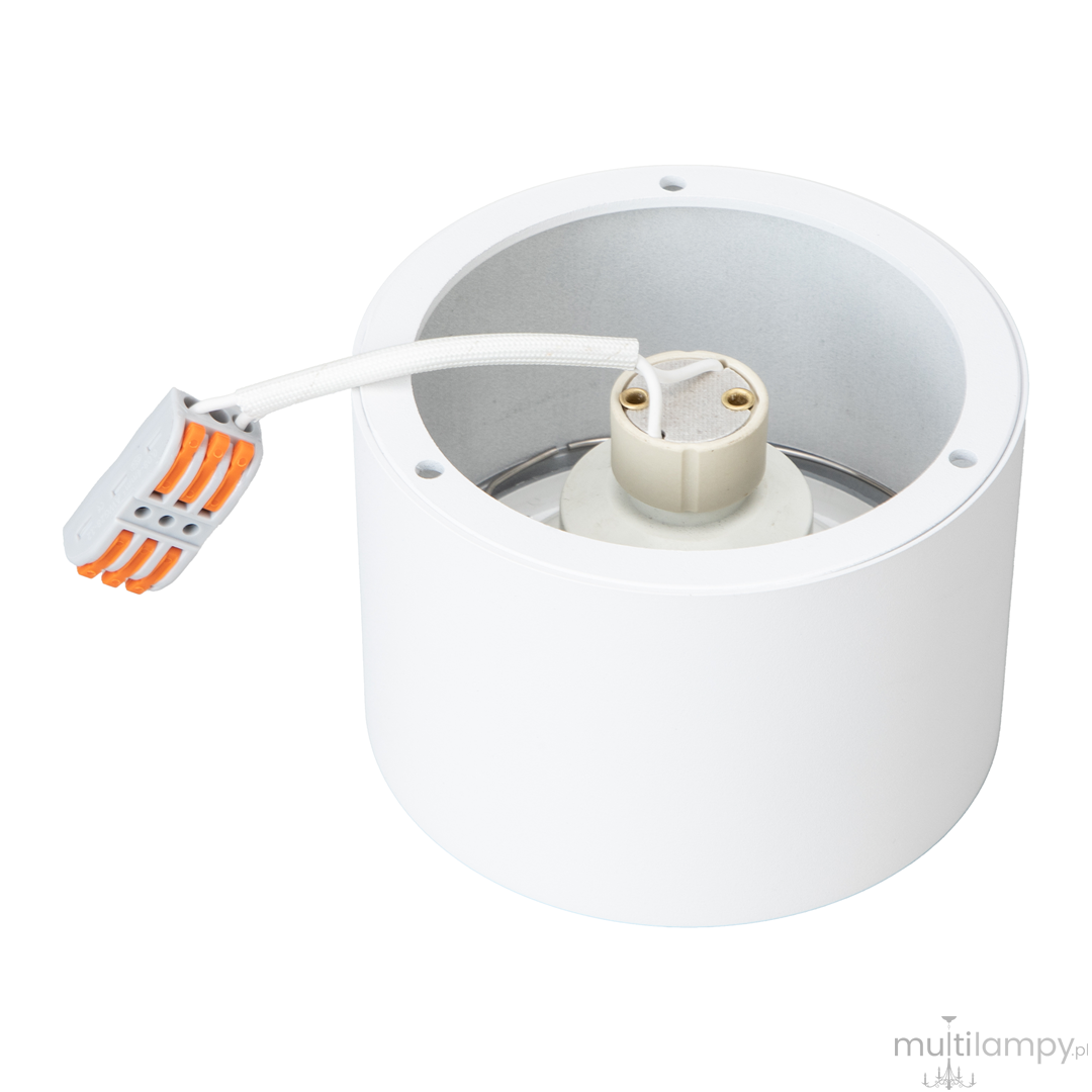 Biała lampa sufitowa Redondo z oprawą na żarówkę GU10 AR111. Prezentowana z góry, z widoczną oprawką i kablem. Cylindryczny kształt z matowym wykończeniem. Idealna do nowoczesnych wnętrz.