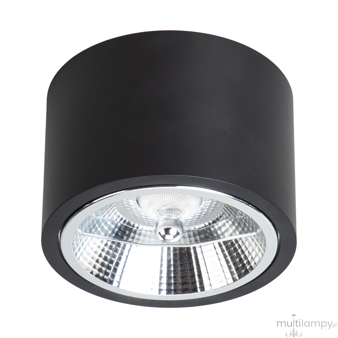 Czarna lampa sufitowa Redondo z jedną oprawą GU10 AR111. Okrągła, matowa obudowa z metalicznym wykończeniem reflektora. Ujęcie z dołu, ukazujące detal klosza i źródła światła. Idealna do nowoczesnych wnętrz.