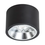 Czarna lampa sufitowa Redondo z jedną oprawą GU10 AR111. Okrągła, matowa obudowa z metalicznym wykończeniem reflektora. Ujęcie z dołu, ukazujące detal klosza i źródła światła. Idealna do nowoczesnych wnętrz.