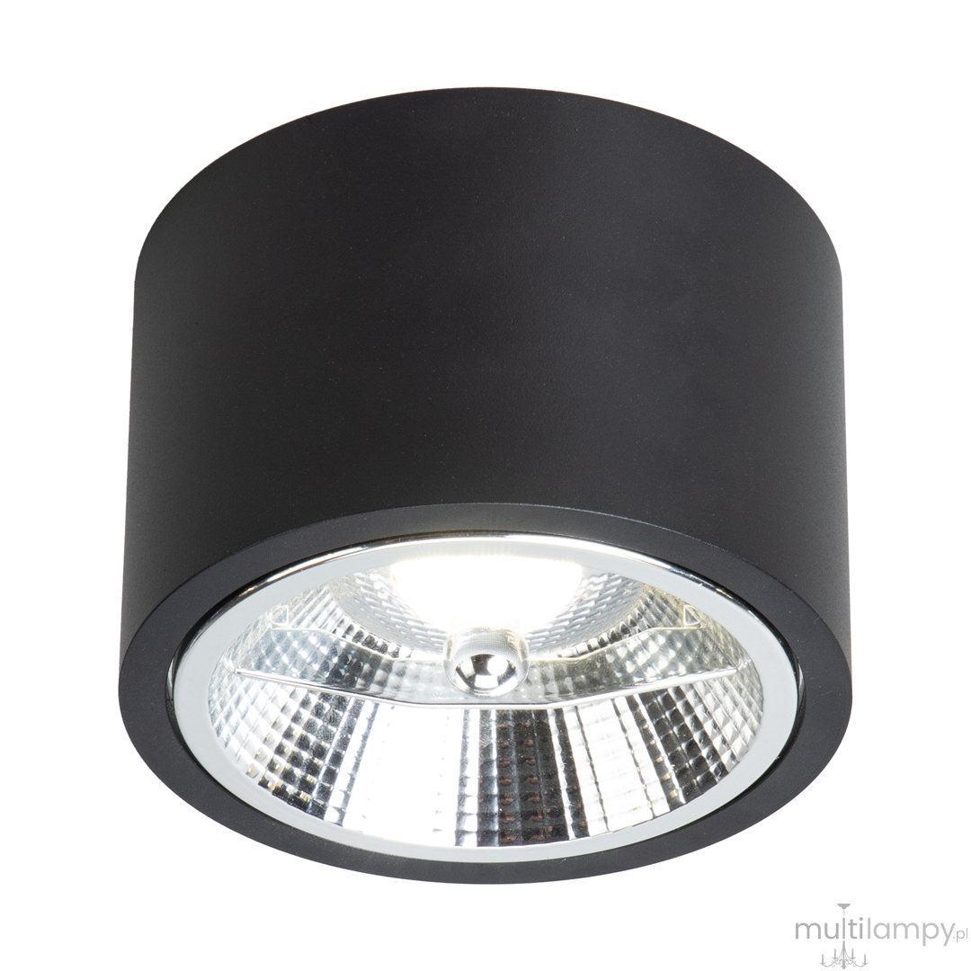 Lampa sufitowa Redondo w kolorze czarnym, z oprawą na jedną żarówkę GU10 typu AR111. Okrągła konstrukcja z metalowym wykończeniem, z widoczną szklana soczewką i reflektorem, zamontowana w pozycji wiszącej.
