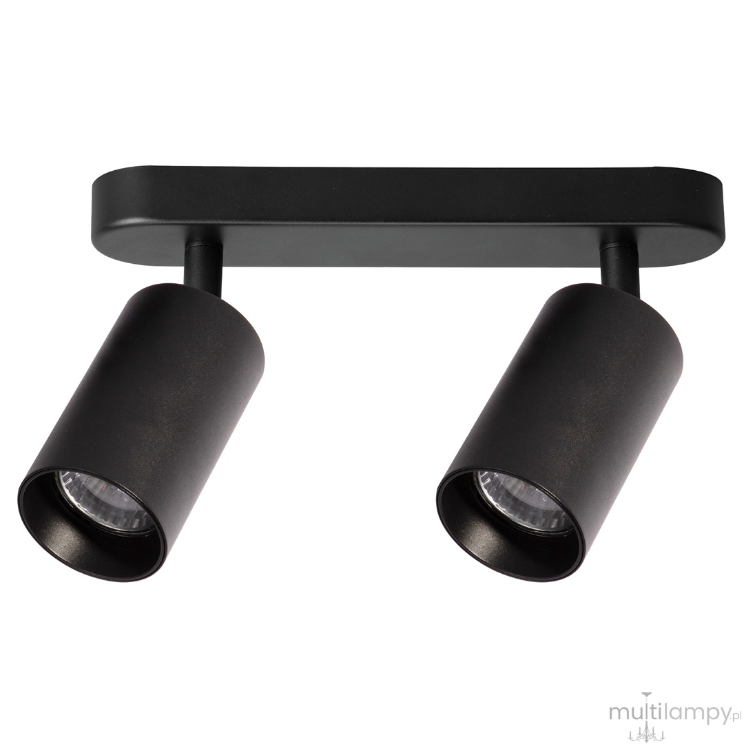 Czarna lampa sufitowa typu spot z dwoma oprawami na żarówki GU10. Ujęcie z boku, z widoczną prostokątną podstawą i cylindrycznymi kloszami. Matowa faktura, minimalistyczny design, idealna do nowoczesnych wnętrz.