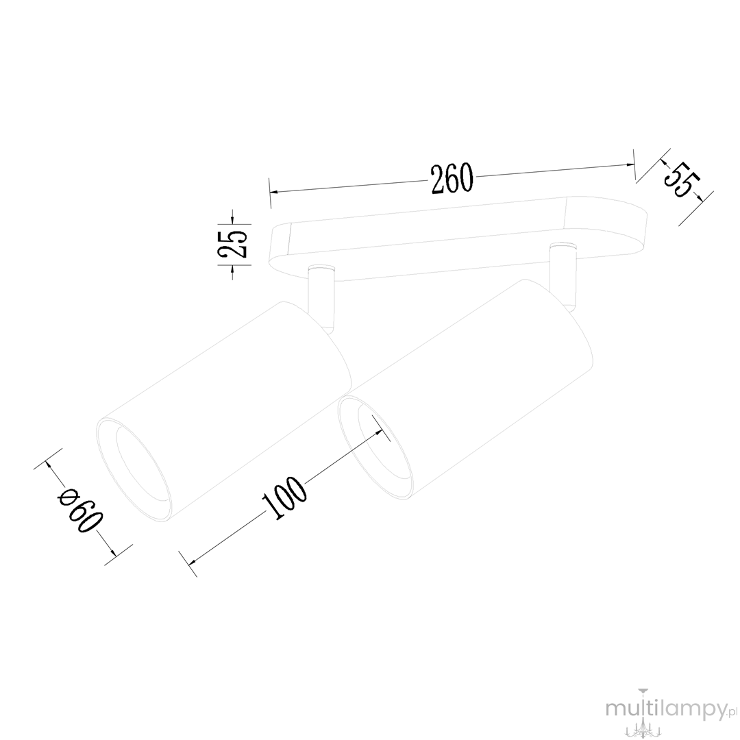 Lampa sufitowa typu spot w kolorze czarnym, z dwoma oprawami na żarówki GU10. Wymiary: długość 260 mm, szerokość 55 mm, wysokość 125 mm. Cylindryczne klosze o średnicy 60 mm, z możliwością regulacji kąta oświetlenia.