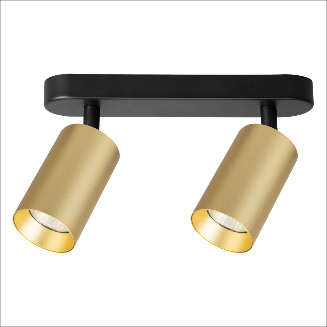 Czarna lampa sufitowa typu spot z dwoma złotymi, cylindrycznymi kloszami. Klosze skierowane są w dół, zamontowane na prostokątnej podstawie. Wykończenie matowe, elegancki design. Idealna do nowoczesnych wnętrz.