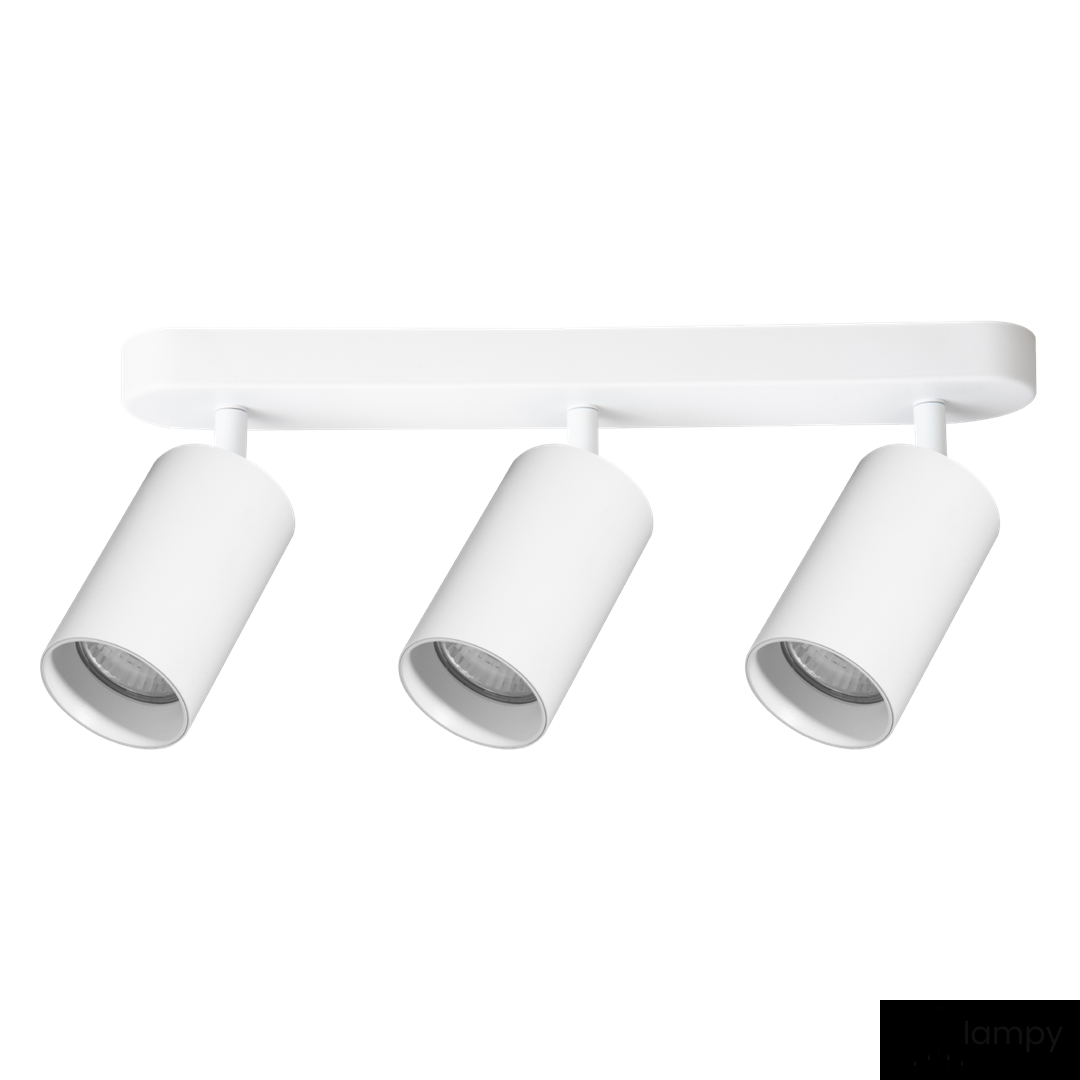 Biała lampa sufitowa typu spot z trzema reflektorami GU10. Reflektory cylindryczne, zamocowane na prostokątnej podstawie. Prosty design, idealna do nowoczesnych wnętrz, montowana na suficie.