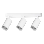 Biała lampa sufitowa typu spot z trzema reflektorami GU10. Reflektory cylindryczne, zamocowane na prostokątnej podstawie. Prosty design, idealna do nowoczesnych wnętrz, montowana na suficie.