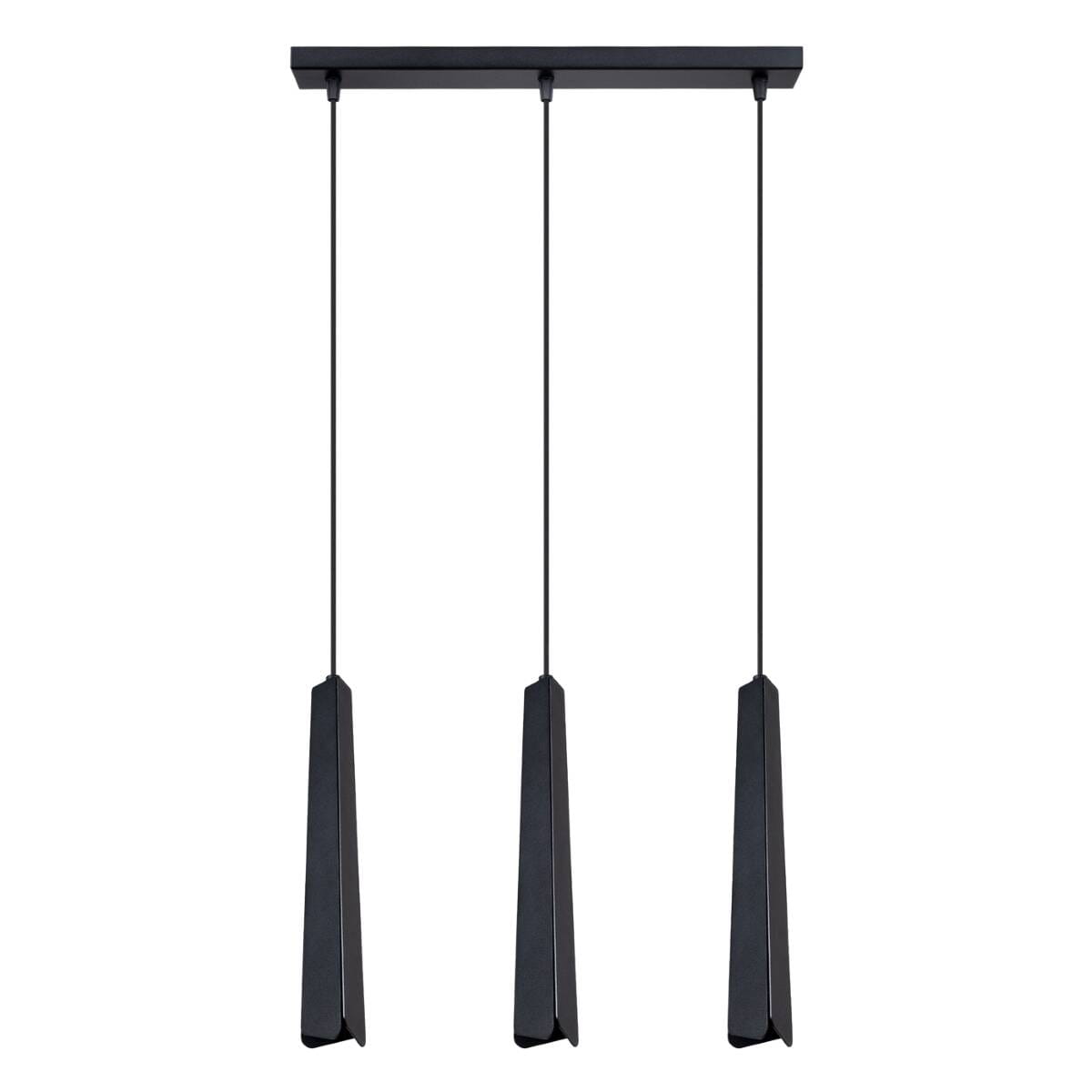 Lampa wisząca Prysm w kolorze czarnym, z trzema kloszami w formie wydłużonych prostokątów, zawieszona na cienkich linkach. Montaż sufitowy, minimalistyczny design, idealna do nowoczesnych wnętrz. Dostosowana do żarówek G9.