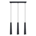 Lampa wisząca Prysm w kolorze czarnym, z trzema kloszami w formie wydłużonych prostokątów, zawieszona na cienkich linkach. Montaż sufitowy, minimalistyczny design, idealna do nowoczesnych wnętrz. Dostosowana do żarówek G9.
