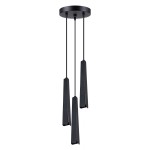 Lampa wisząca Prysm 3P w kolorze czarnym, z trzema asymetrycznymi kloszami w kształcie stożków, zawieszona na cienkich linkach. Montaż sufitowy z okrągłą podstawą. Dostosowana do źródeł światła G9.