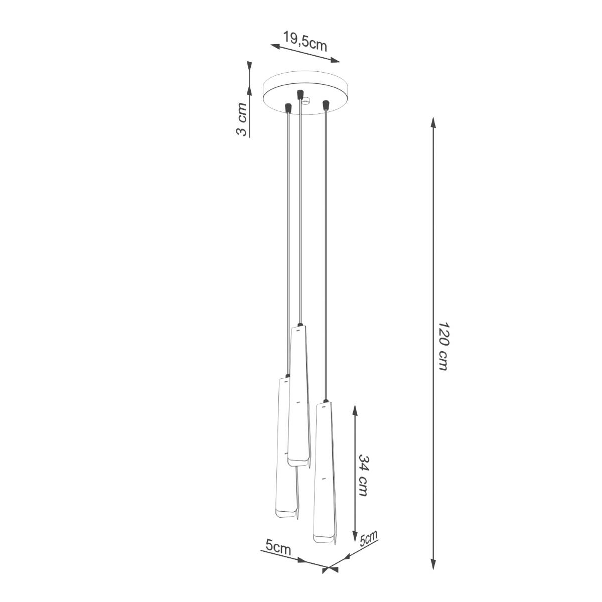 Lampa wisząca Prysm 3P w kolorze czarnym, z trzema szklanymi kloszami o wysokości 34 cm i średnicy 5 cm, zawieszona na cienkich linkach. Podstawa o średnicy 19,5 cm i wysokości 3 cm, całkowita długość 120 cm.