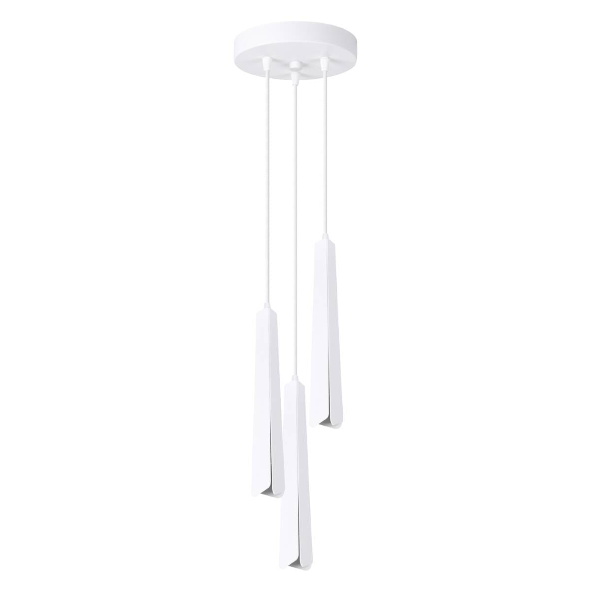 Lampa wisząca Prysm 3P w kolorze białym z trzema kloszami w formie prostokątnych, zwężających się ku dołowi elementów. Klosze zawieszone na cienkich linkach, montowane do okrągłej podstawy sufitowej. Idealna do nowoczesnych wnętrz.