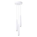 Lampa wisząca Prysm 3P w kolorze białym z trzema kloszami w formie prostokątnych, zwężających się ku dołowi elementów. Klosze zawieszone na cienkich linkach, montowane do okrągłej podstawy sufitowej. Idealna do nowoczesnych wnętrz.