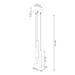 Lampa wisząca Prysm 3P z trzema kloszami G9, w kolorze przezroczystym. Wymiary: średnica sufitu 19,5 cm, wysokość 120 cm, długość kloszy 34 cm, szerokość 5 cm. Zawieszona na cienkich linkach, idealna do nowoczesnych wnętrz.
