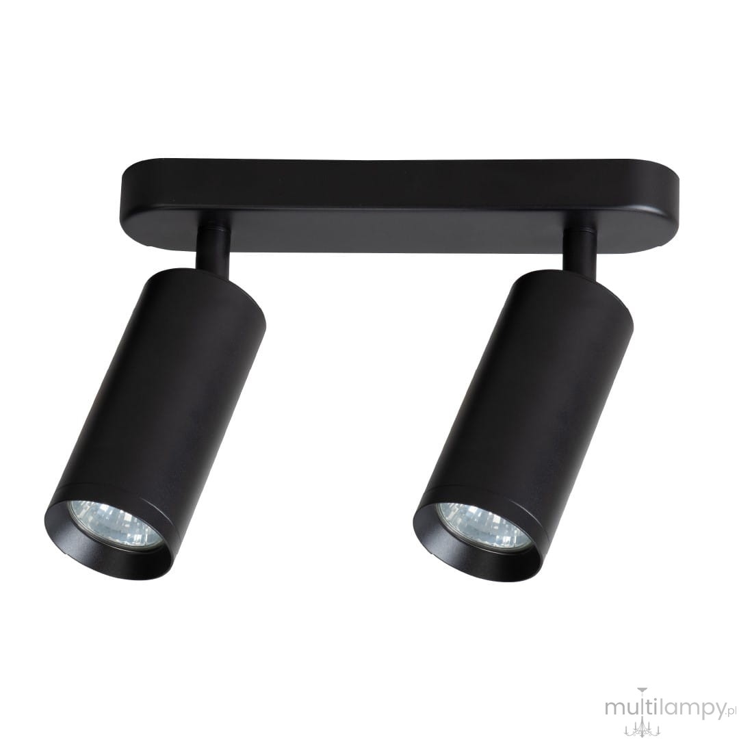 Czarna lampa sufitowa Mica z dwoma spotami na żarówki GU10. Produkt zamontowany na prostokątnej podstawie, cylindryczne oprawy skierowane w różnych kierunkach. Matowa powierzchnia, minimalistyczny design, idealna do nowoczesnych wnętrz.