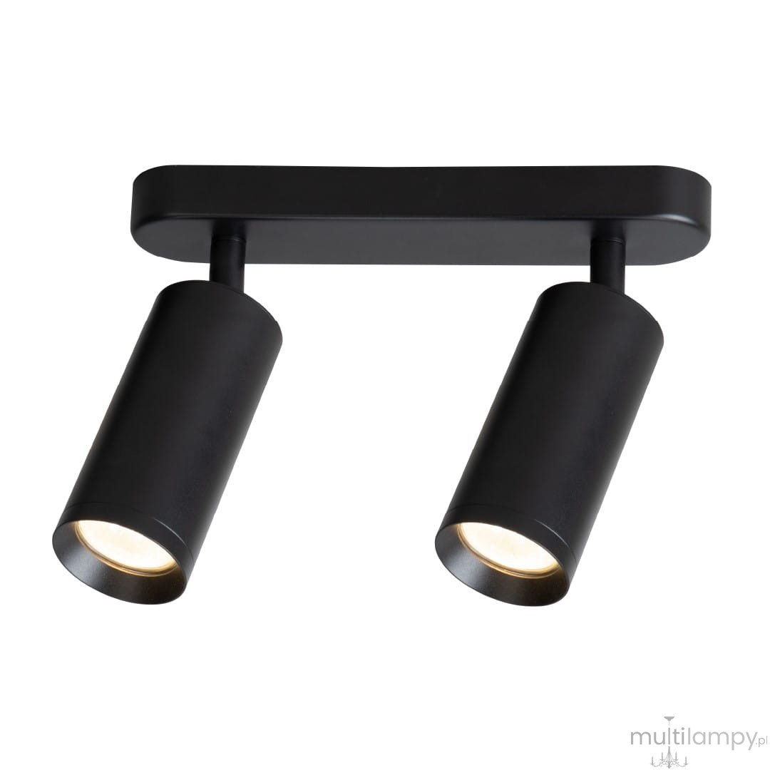 Czarna lampa sufitowa Mica z dwoma reflektorami typu spot na uchwycie, wykonana z metalu. Reflektory cylindryczne, skierowane w różnych kierunkach, z widocznymi żarówkami GU10. Prosta, nowoczesna konstrukcja, montowana na suficie.