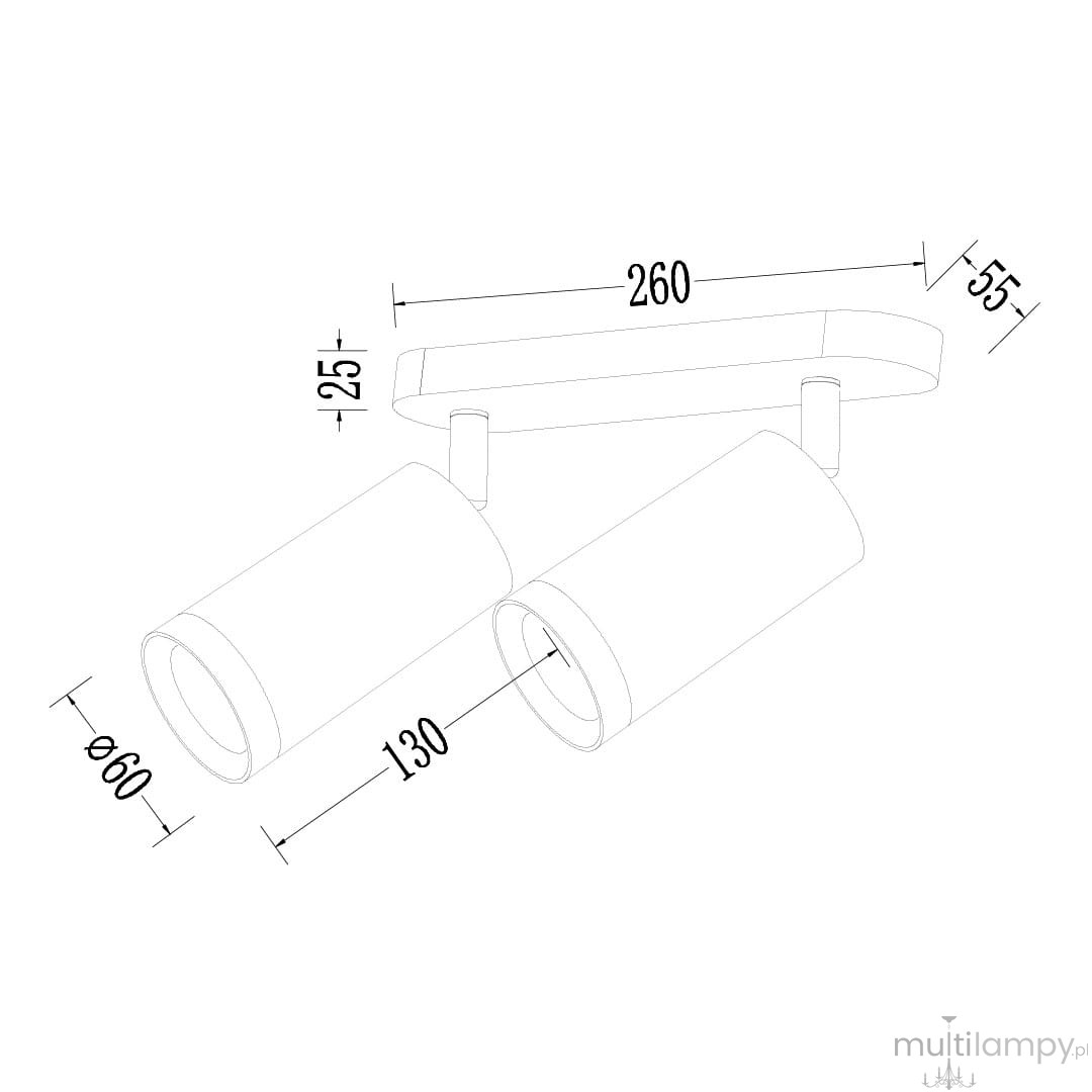 Lampa sufitowa Mica (spot) w kolorze czarnym, z dwoma ruchomymi reflektorami na metalowej podstawie. Wymiary: długość 260 mm, szerokość 55 mm, wysokość 25 mm, średnica reflektora 60 mm. Przeznaczona do montażu sufitowego.