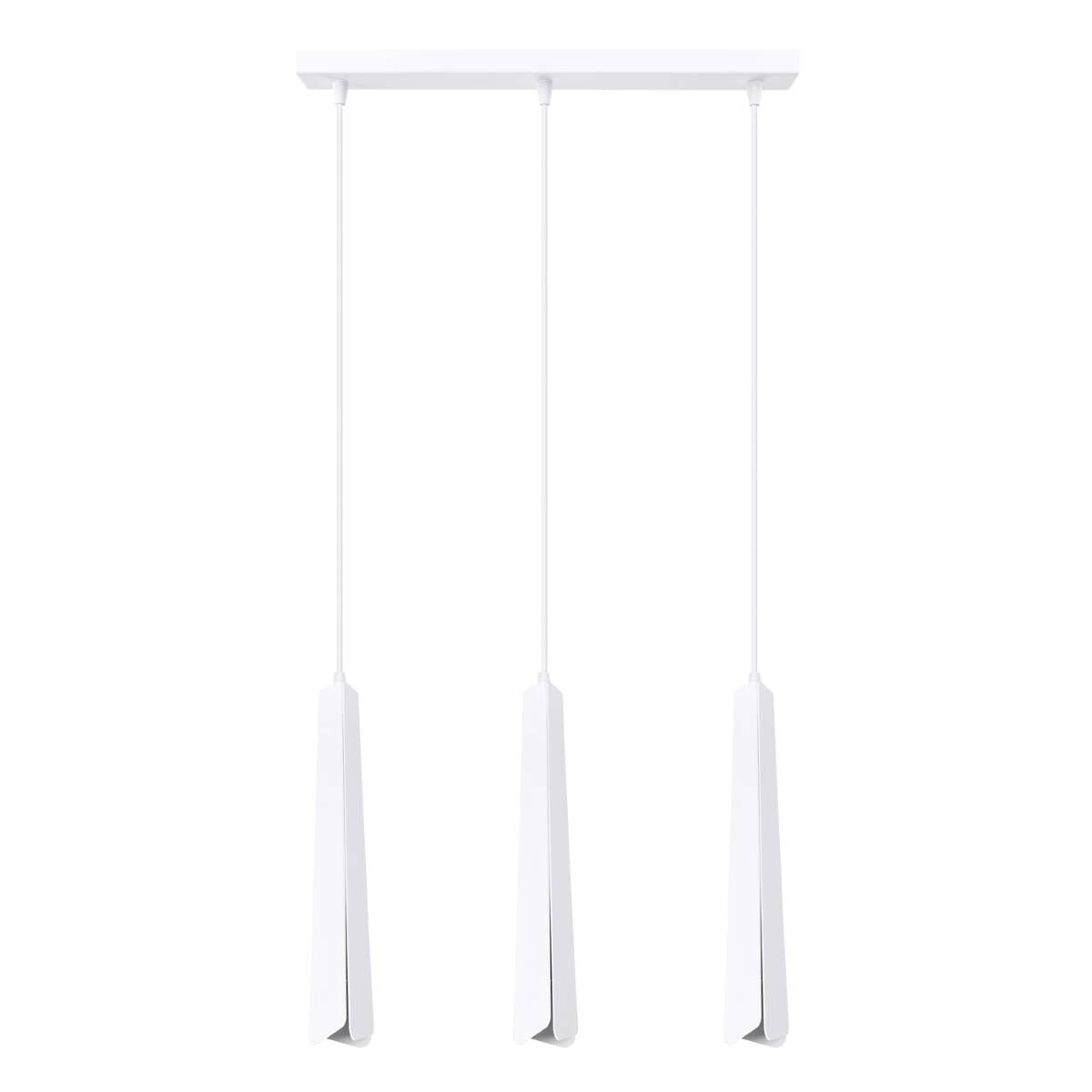 Lampa wisząca Prysm 3xG9 w kolorze białym, zawieszona na prostokątnej podstawie. Posiada trzy wąskie, pionowe klosze o minimalistycznym, nowoczesnym designie. Klosze wykonane z matowego materiału, wiszące na cienkich linkach.