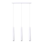 Lampa wisząca Prysm 3xG9 w kolorze białym, zawieszona na prostokątnej podstawie. Posiada trzy wąskie, pionowe klosze o minimalistycznym, nowoczesnym designie. Klosze wykonane z matowego materiału, wiszące na cienkich linkach.