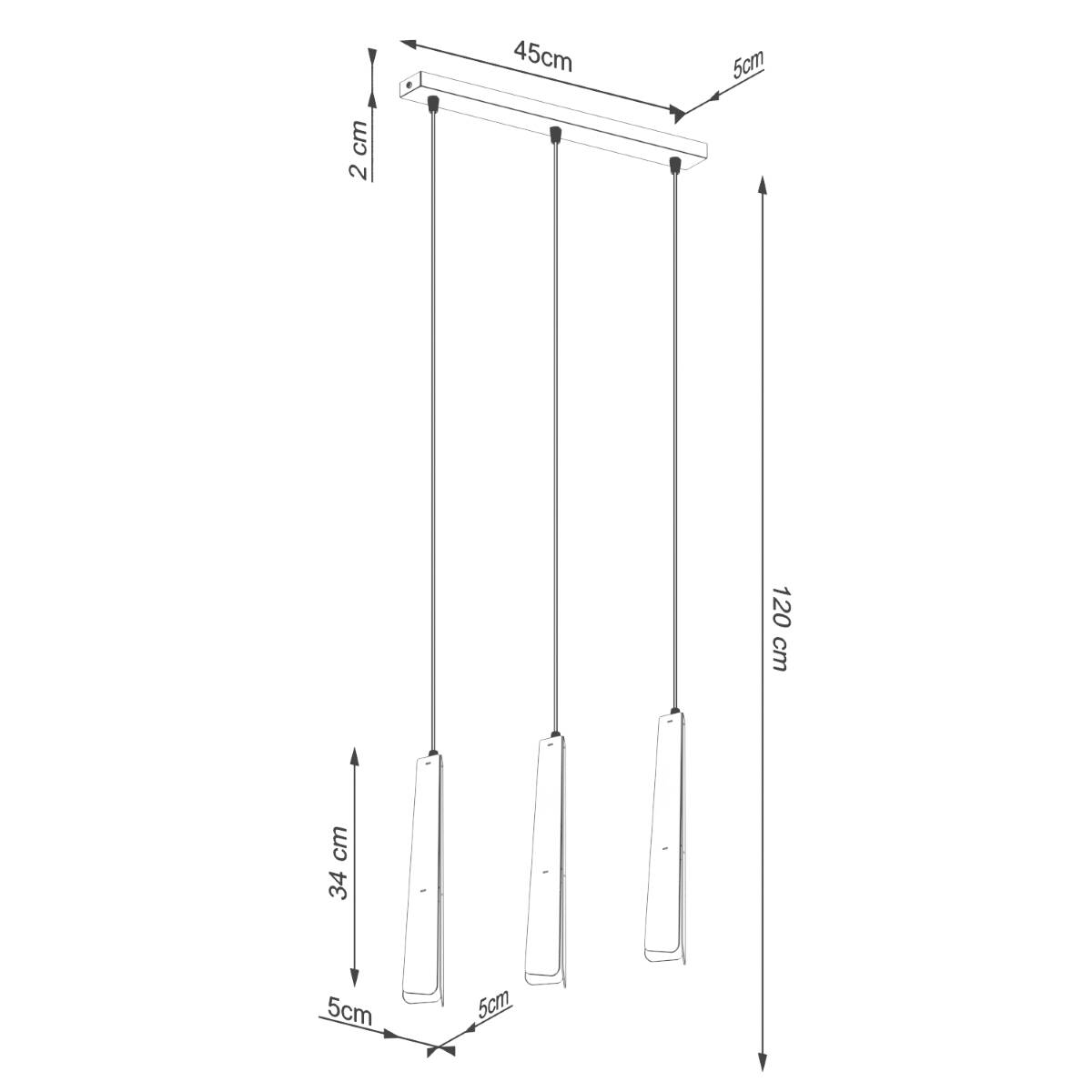 Lampa wisząca Prysm 3xG9 w białym kolorze, z prostokątnym, płaskim stelażem o wymiarach 45x5 cm. Trzy zwisające elementy o wysokości 34 cm, zawieszone na cienkich linkach, tworzą nowoczesny i minimalistyczny design. Całkowita wysokość wynosi 120 cm.