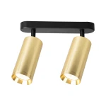 Lampa sufitowa Mica z dwoma spotami, czarna podstawa z metalowymi złotymi kloszami. Klosze cylindryczne, skierowane w dół, zamocowane na poziomej listwie. Elegancki design, idealna do nowoczesnych wnętrz.