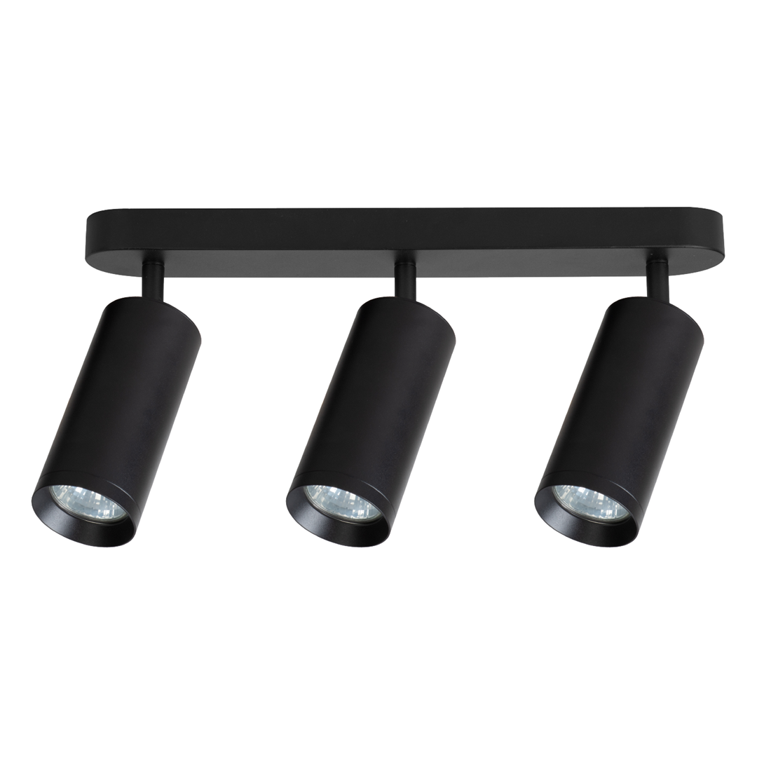 Czarna lampa sufitowa Mica z trzema spotami na żarówki GU10. Ułożona poziomo, z cylindrycznymi kloszami skierowanymi w dół, mocowana do prostokątnej podstawy. Idealna do nowoczesnych wnętrz, oferuje funkcjonalne oświetlenie.