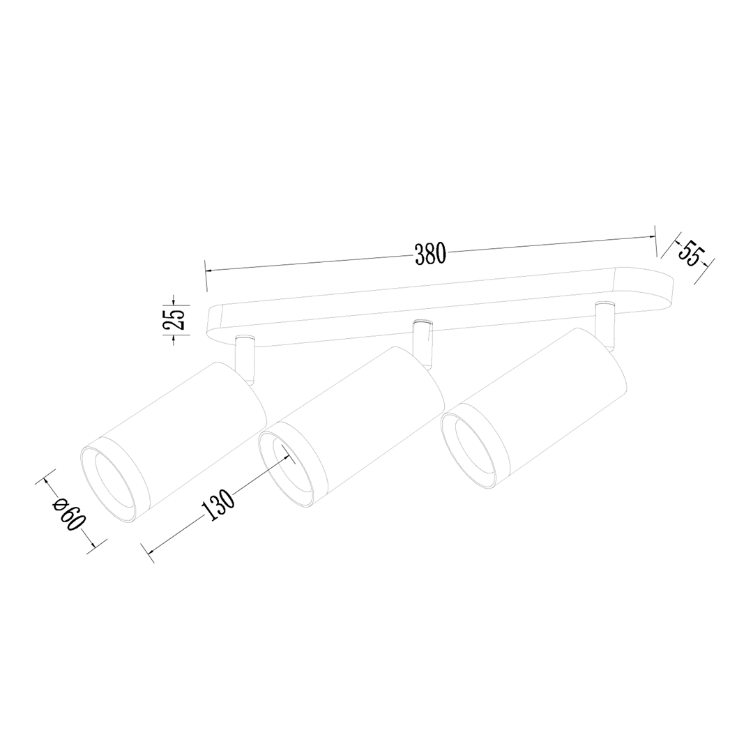 Mica lampa sufitowa (spot) w kolorze czarnym, z trzema ruchomymi oprawami na żarówki GU10. Uchwyt o długości 380 mm, szerokości 55 mm i wysokości 125 mm. Prosty, minimalistyczny design, idealny do nowoczesnych wnętrz.