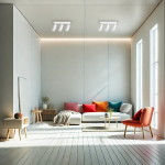 Lampa sufitowa Mica (spot) w kolorze białym z trzema oprawami GU10. Zainstalowana na suficie, w nowoczesnym wnętrzu z jasnymi ścianami i kolorowymi poduszkami na sofie. Oświetlenie podkreśla przestrzeń i styl aranżacji.