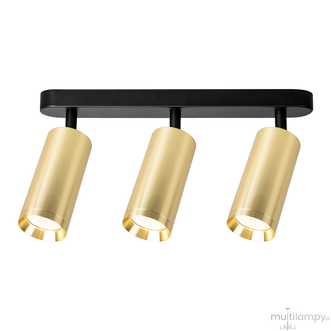 Lampa sufitowa Mica z trzema reflektorami GU10, z metalowymi kloszami w kolorze złotym, zamocowana na czarnej podstawie. Reflektory są cylindryczne, skierowane w różnych kierunkach, co pozwala na regulację oświetlenia w pomieszczeniu.