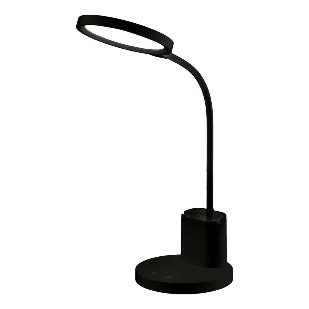 Lampa biurkowa Scuola w kolorze czarnym, z elastycznym ramieniem i okrągłą głowicą LED o mocy 8W. Podstawa okrągła, z przyciskami włączenia. Prosta, nowoczesna forma, idealna do biura lub na stół.
