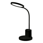 Lampa biurkowa Scuola w kolorze czarnym, z elastycznym ramieniem i okrągłą głowicą LED o mocy 8W. Podstawa okrągła, z przyciskami włączenia. Prosta, nowoczesna forma, idealna do biura lub na stół.