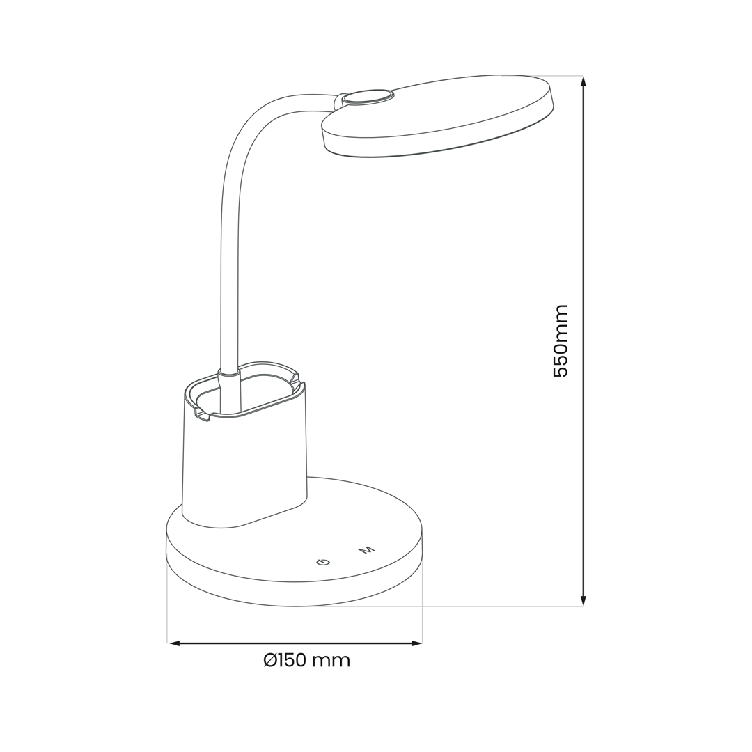 Czarna lampa biurkowa Scuola z LED 8W, o wysokości 550 mm i średnicy podstawy 150 mm. Posiada elastyczny, giętki ramion oraz prostą, okrągłą podstawę. Widoczne przyciski do regulacji. Idealna do użytku w biurze lub do nauki.
